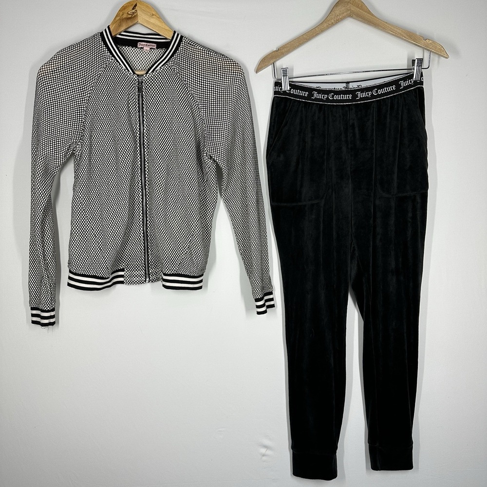 Juicy Couture Tracksuit Black Small White Mesh Jacket Velour Pants Set Y2K